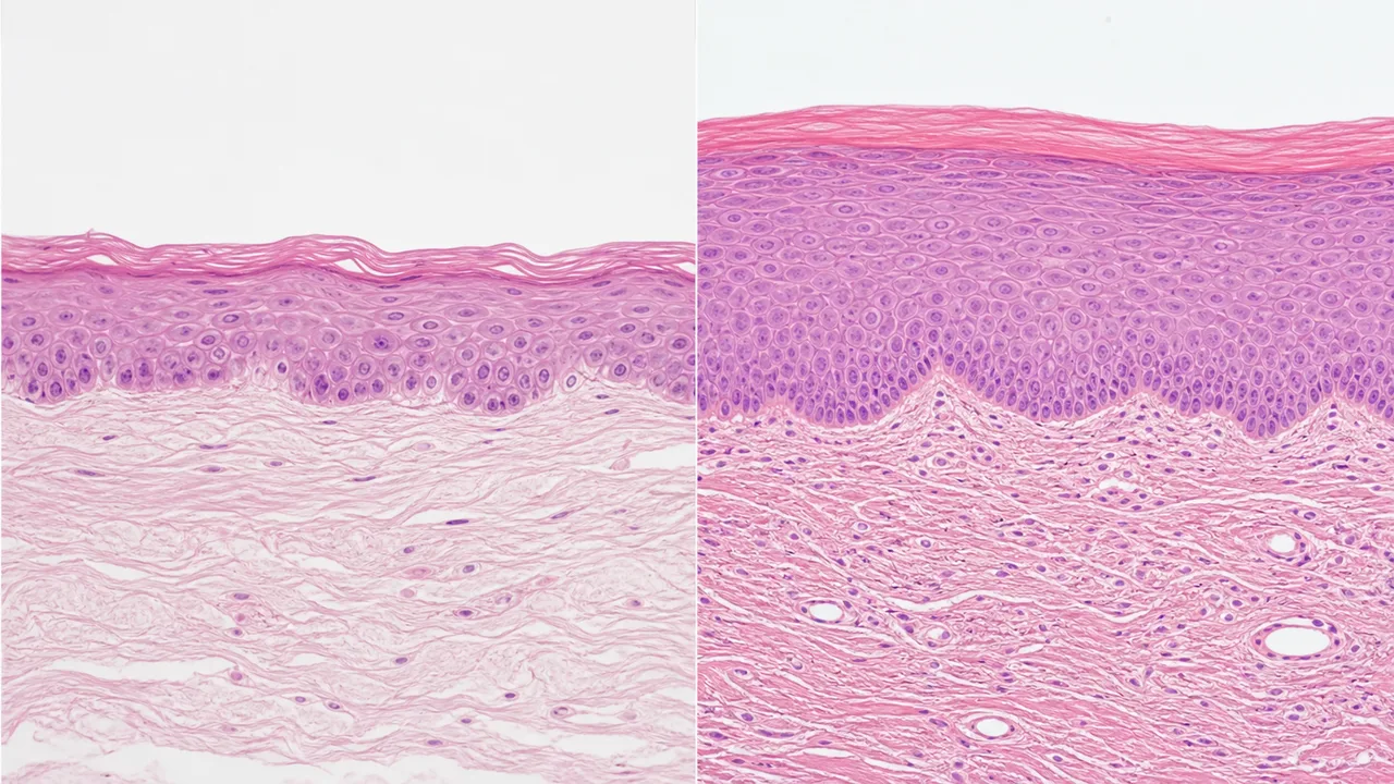 Comparação microscópica entre epitélio mucoso atrófico e espessado