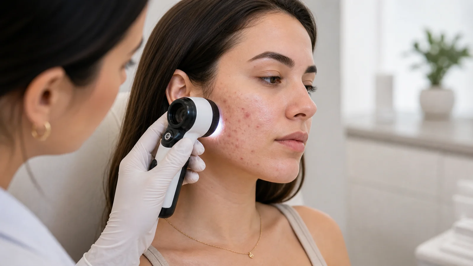 Close clínico de pele com acne ativa, marcas pós-inflamatórias e cicatrizes atróficas para planejamento em fases
