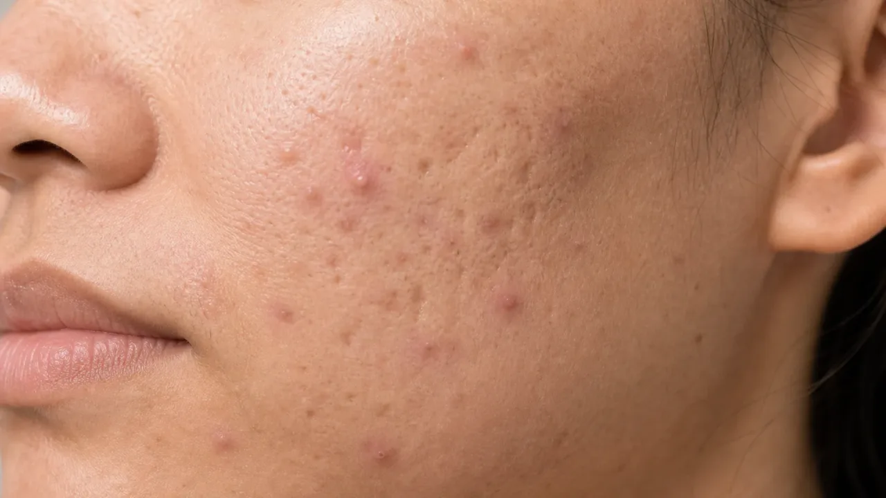 Close clínico de pele com acne ativa e cicatrizes pós-acne para avaliação de protocolo