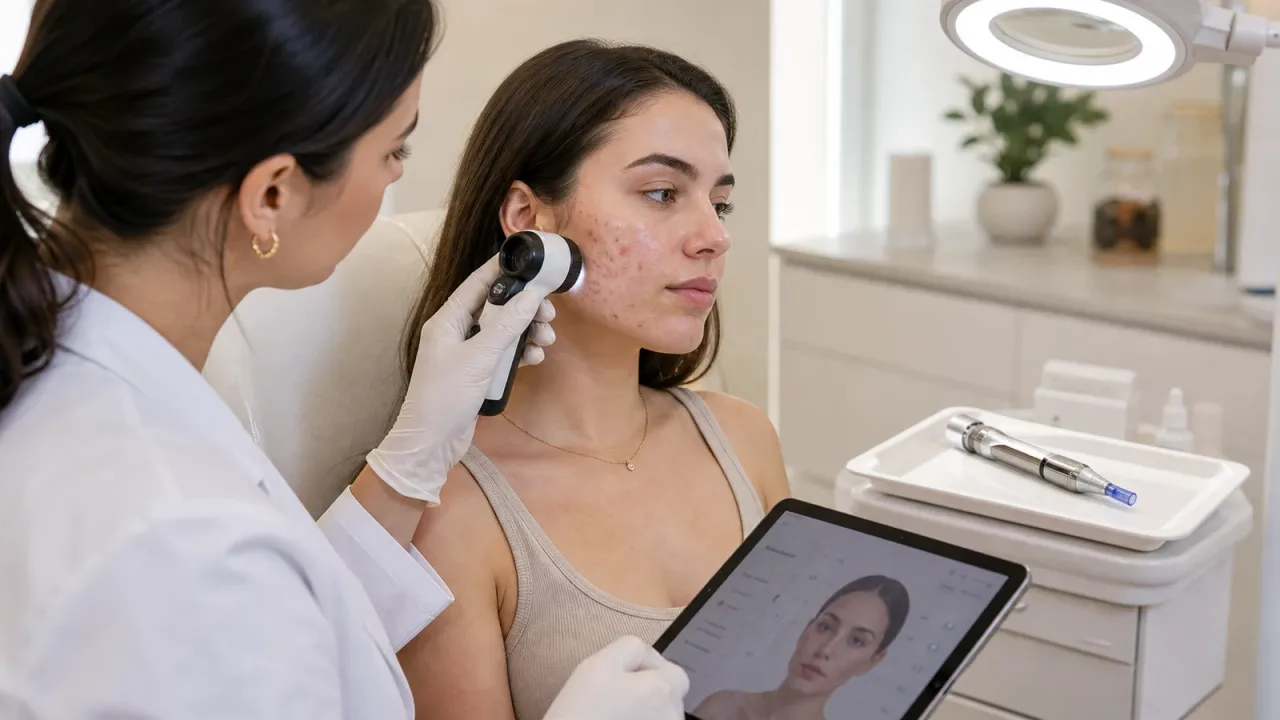 Avaliação clínica cuidadosa de acne e cicatrizes antes de protocolo estético em fases