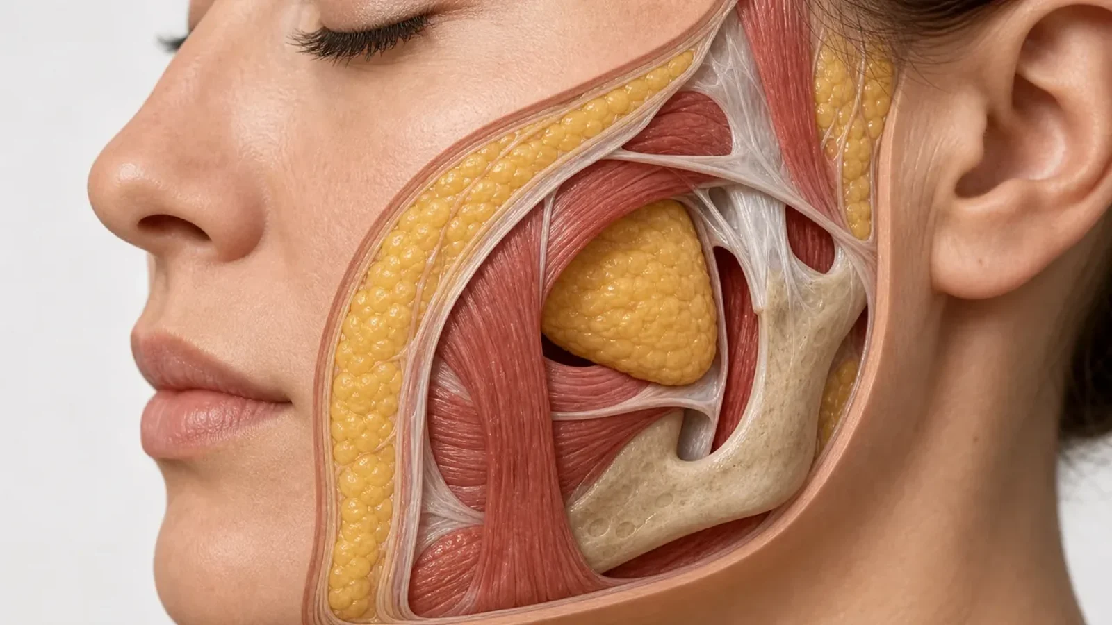 Corte anatômico da bochecha diferenciando bola de Bichat profunda e gordura superficial tratável sem cirurgia