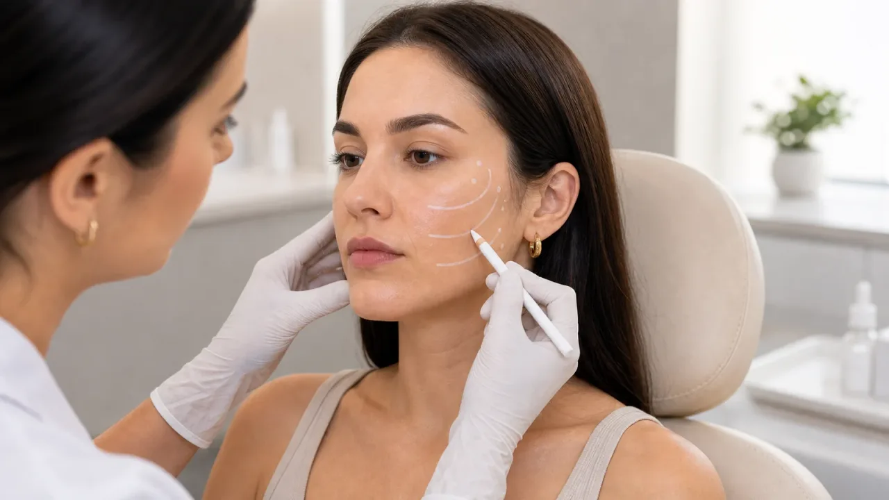 Avaliação clínica facial com marcação conservadora de contorno de bochecha