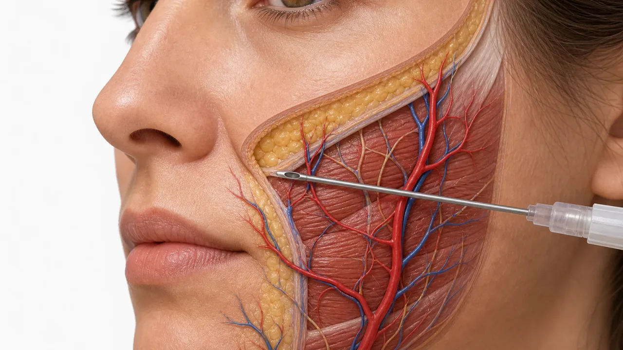 Corte anatômico realista do sulco nasolabial com artéria facial e angular para segurança vascular