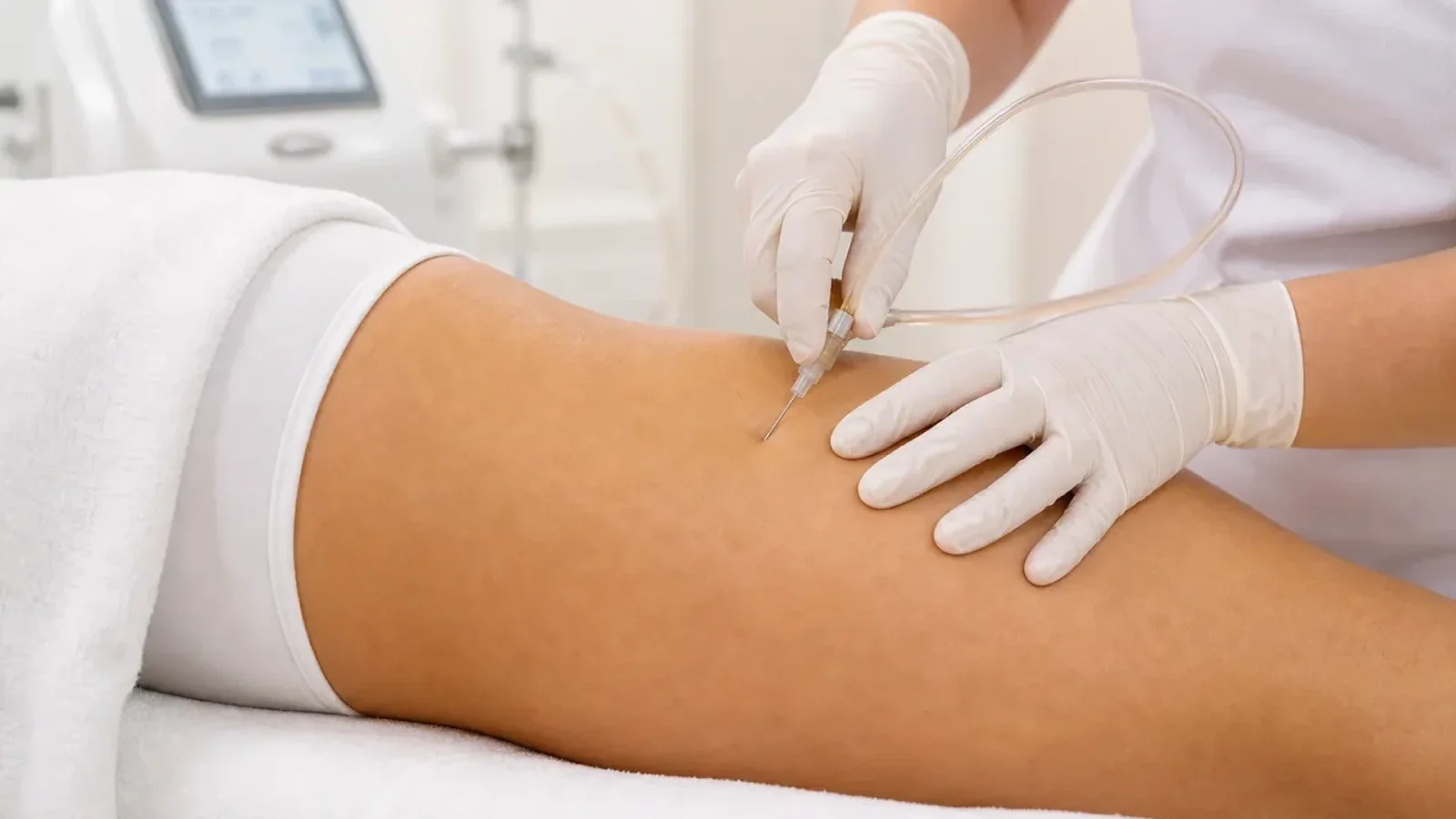 Aplicação superficial de carboxiterapia com CO2 medicinal em região corporal em ambiente clínico