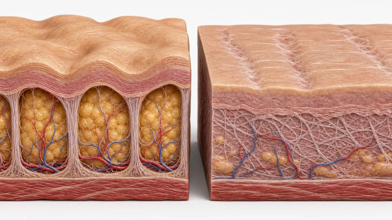 Comparação anatômica realista entre celulite com septos fibrosos e estrias com alteração dérmica