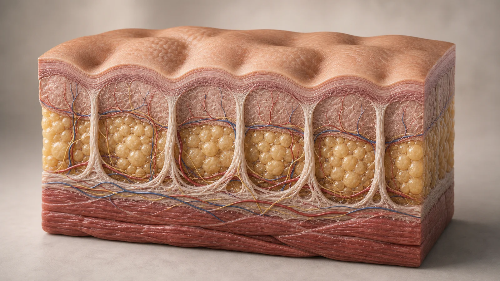 Corte anatômico da celulite glútea mostrando septos fibrosos, gordura subcutânea e depressões na superfície da pele