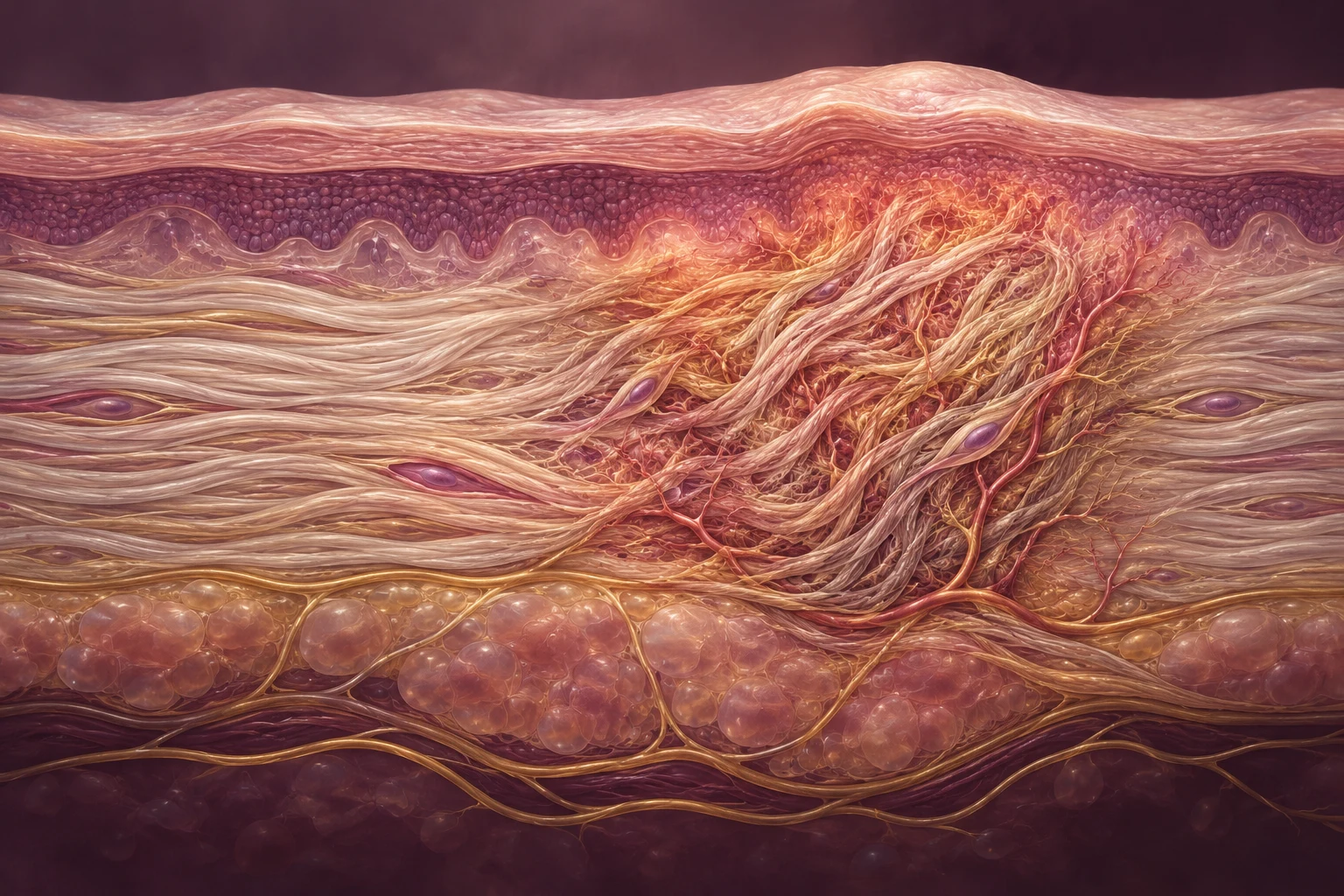 Ilustração conceitual em corte de pele estilizado, com fibras desordenadas e pequenos vasos em profundidade, em tons de ameixa e marfim.