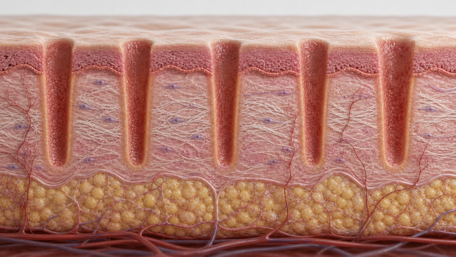 Corte anatômico realista mostrando microcolunas ablativas do laser CO2 fracionado com pontes de pele preservada