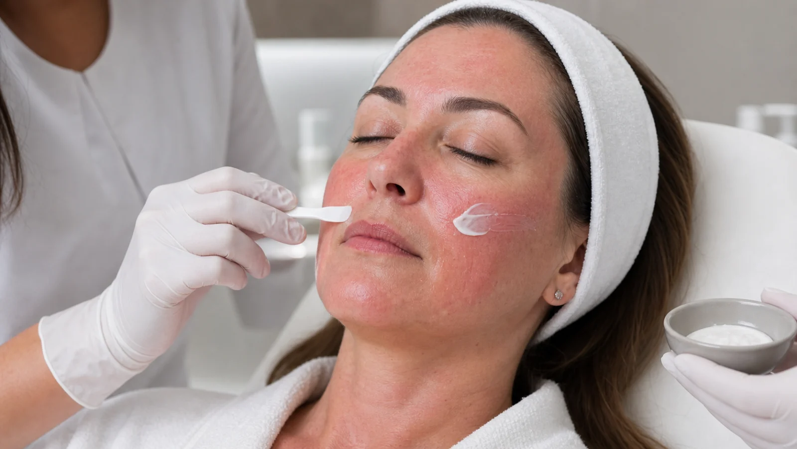 Cuidado clínico pós-laser CO2 com aplicação de creme reparador em pele facial com eritema leve