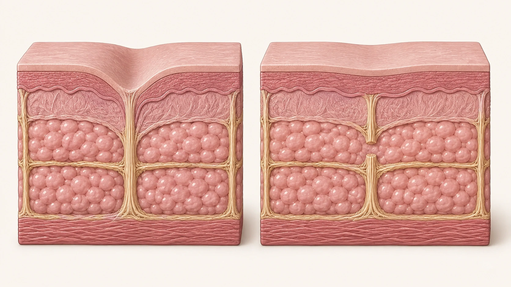 Ilustração conceitual: septo vertical contínuo ligado à depressão da pele e septo vertical interrompido, mantendo os planos horizontais