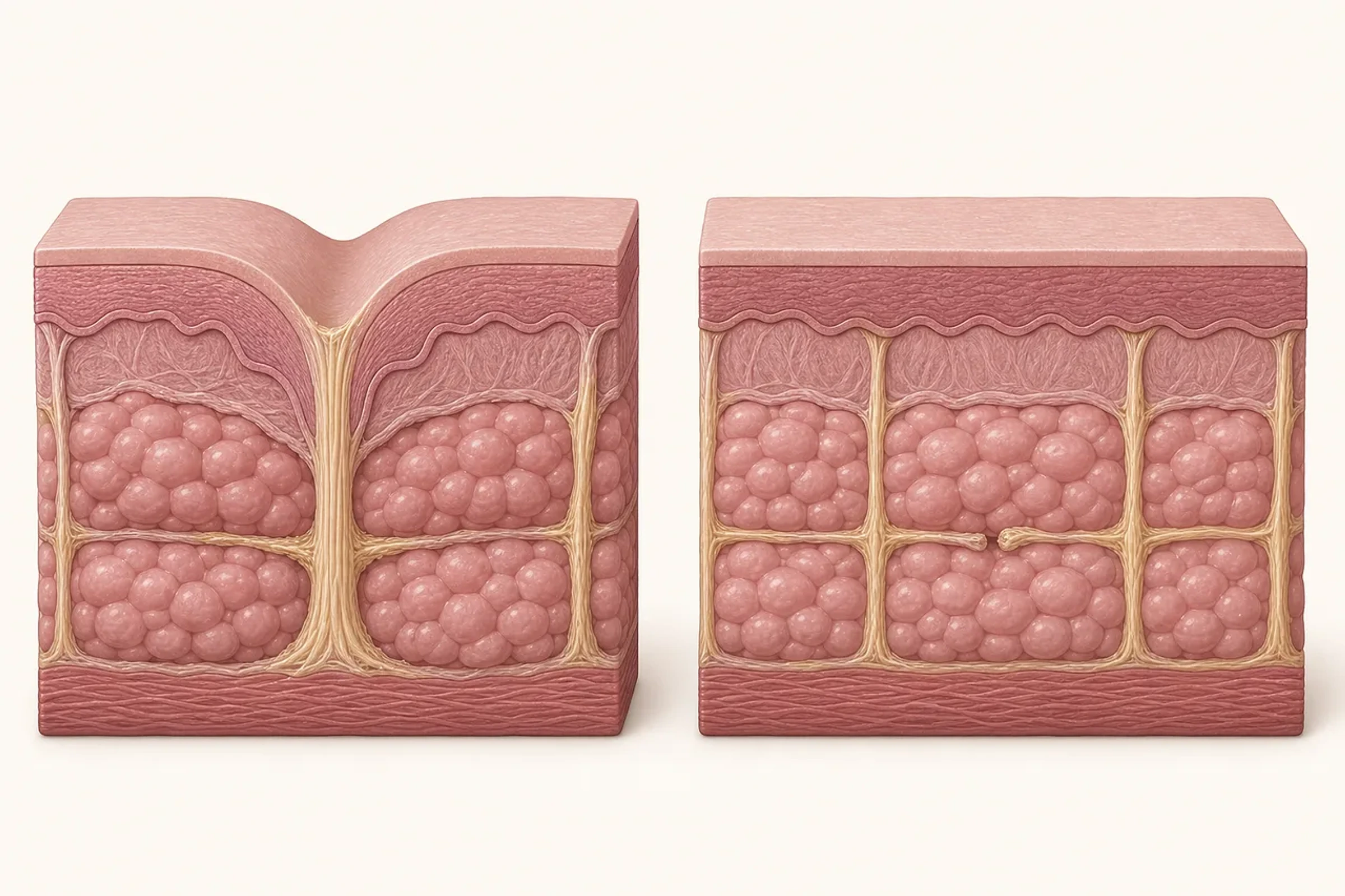 Comparação anatômica entre septo fibroso tensionado com depressão cutânea e septo liberado com superfície regular