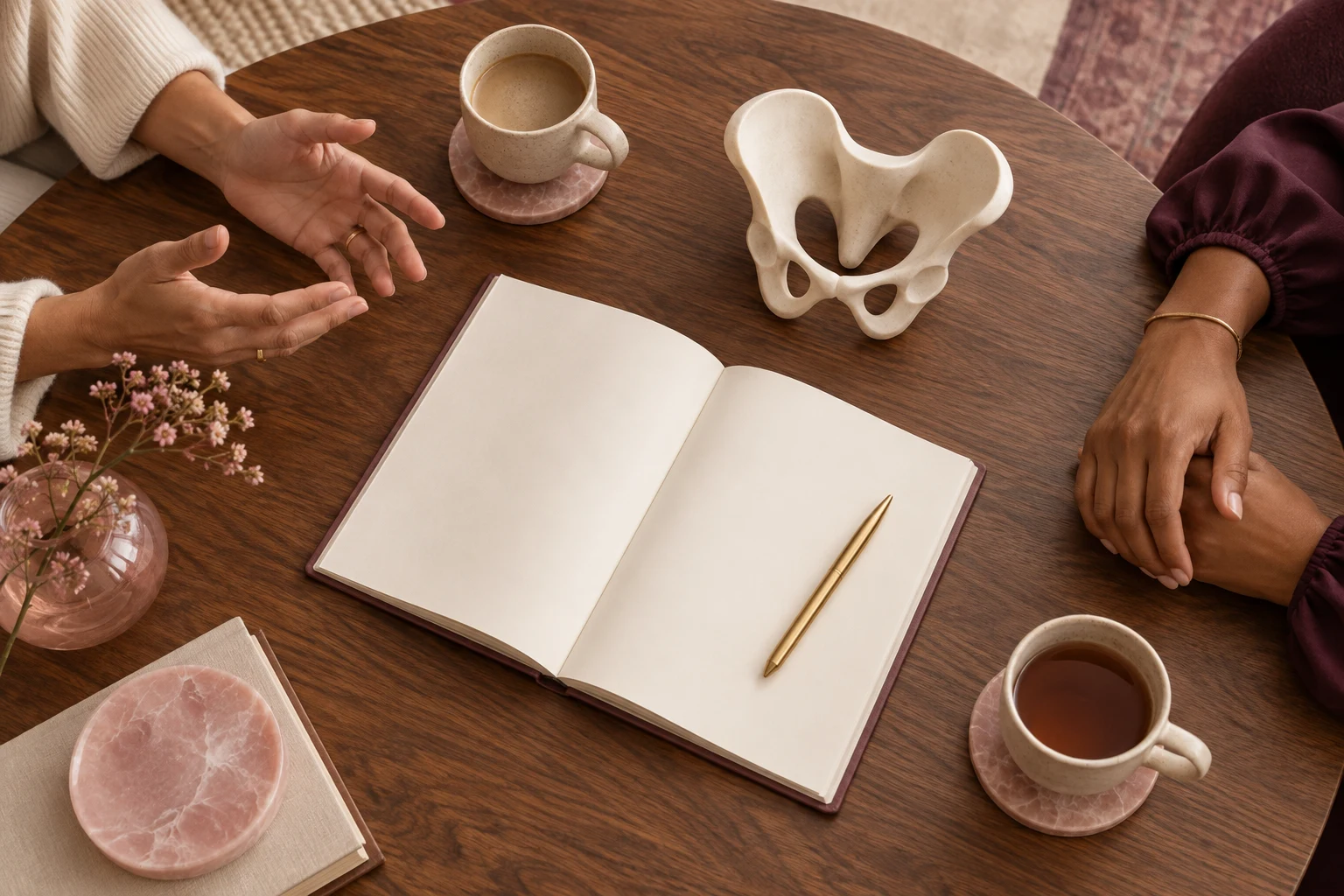 Mesa de consulta vista de cima com duas xícaras, um caderno aberto em branco e um modelo anatômico abstrato de pelve em tom marfim.
