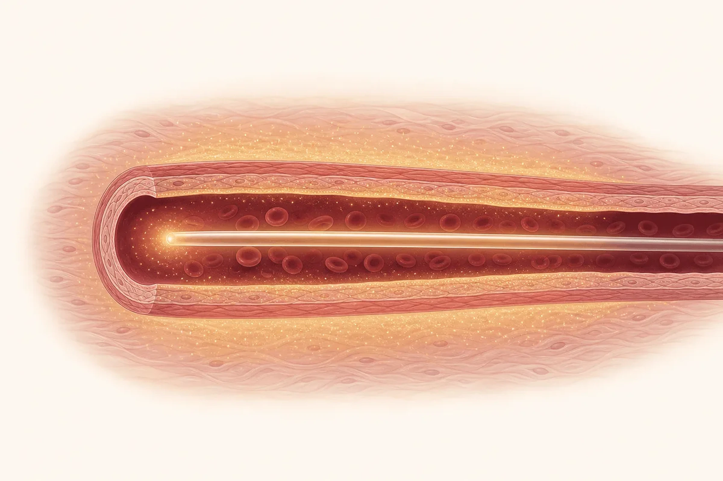 Fibra óptica em vaso com absorção na coluna sanguínea, parede vascular e halo perivascular amplo