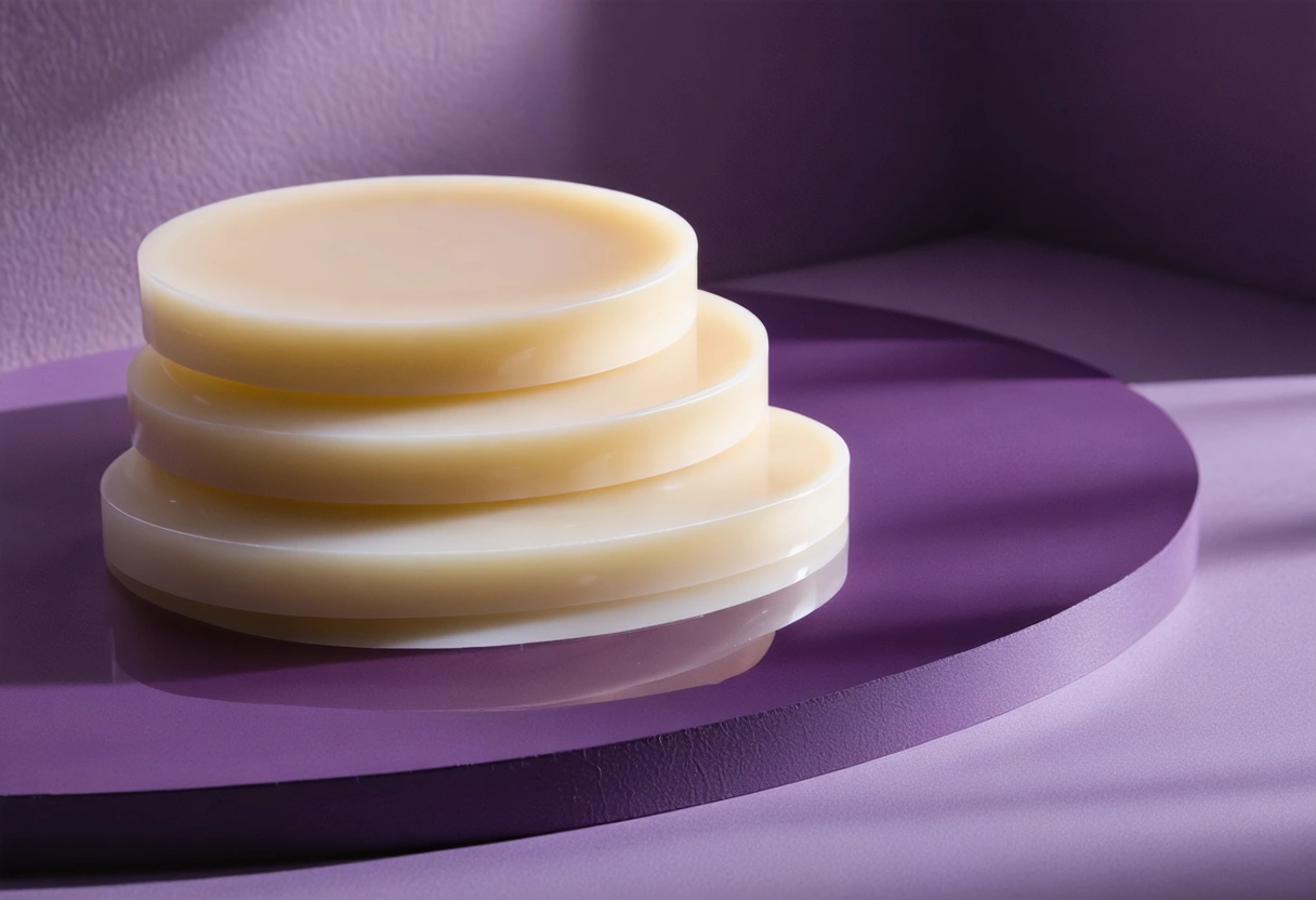 Camadas de discos em marfim e ameixa com sombras, metáfora de superfície e profundidade.