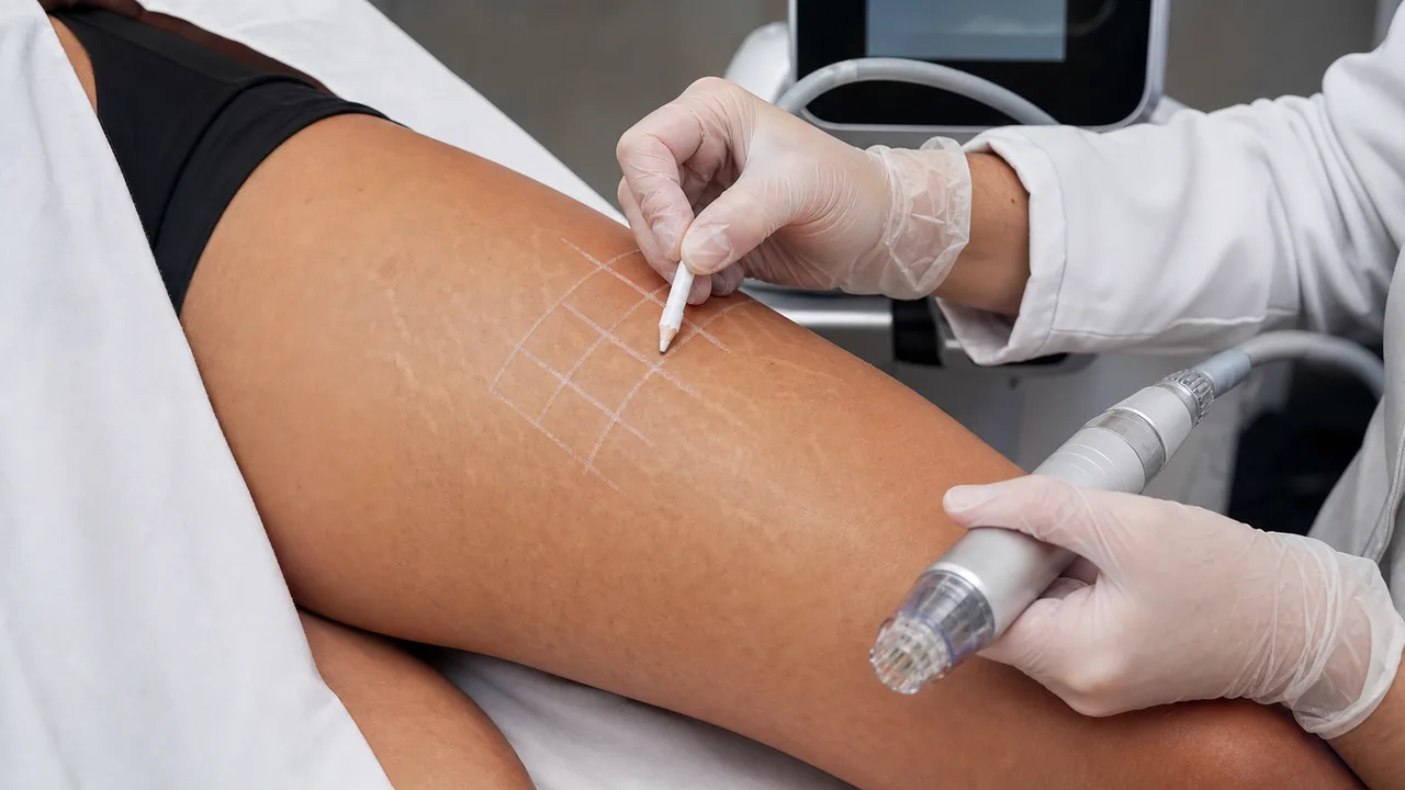 Marcação clínica de área com estrias antes de radiofrequência microagulhada