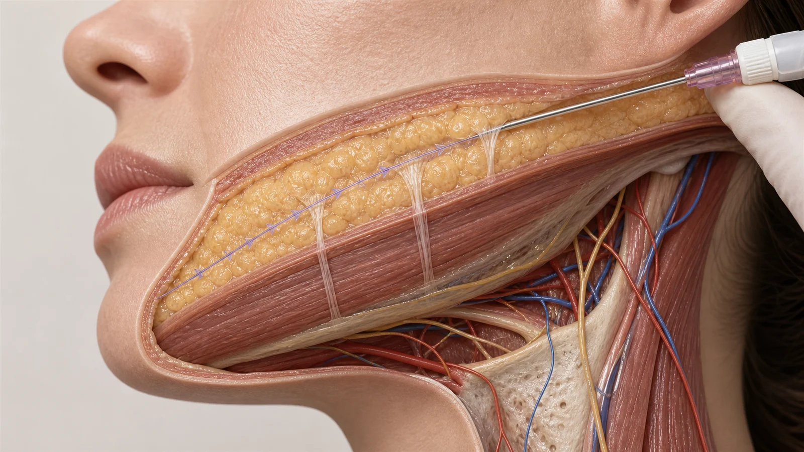 Corte anatômico mostrando fio de PDO no plano subcutâneo facial, acima das estruturas profundas de músculo, vasos e nervos