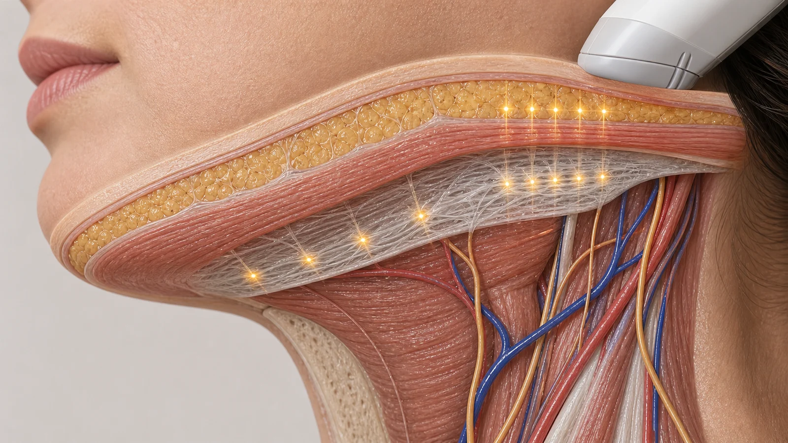 Corte anatômico lateral do pescoço mostrando pele, gordura submentual, platisma, fáscia cervical e estruturas profundas preservadas