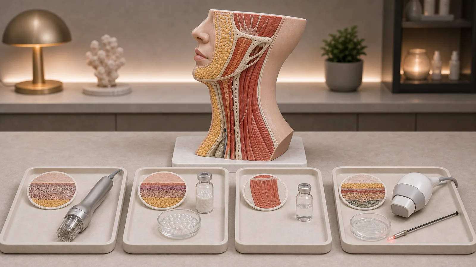 Planejamento de tratamentos cervicais por profundidade anatômica: pele, suporte dérmico, platisma e SMAS cervical