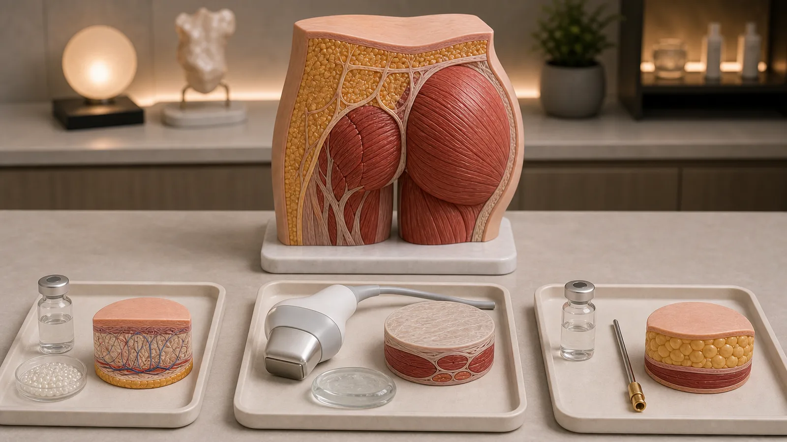 Planejamento de tratamentos para flacidez glútea por alvo anatômico: pele e colágeno, fáscia e suporte profundo, volume e contorno