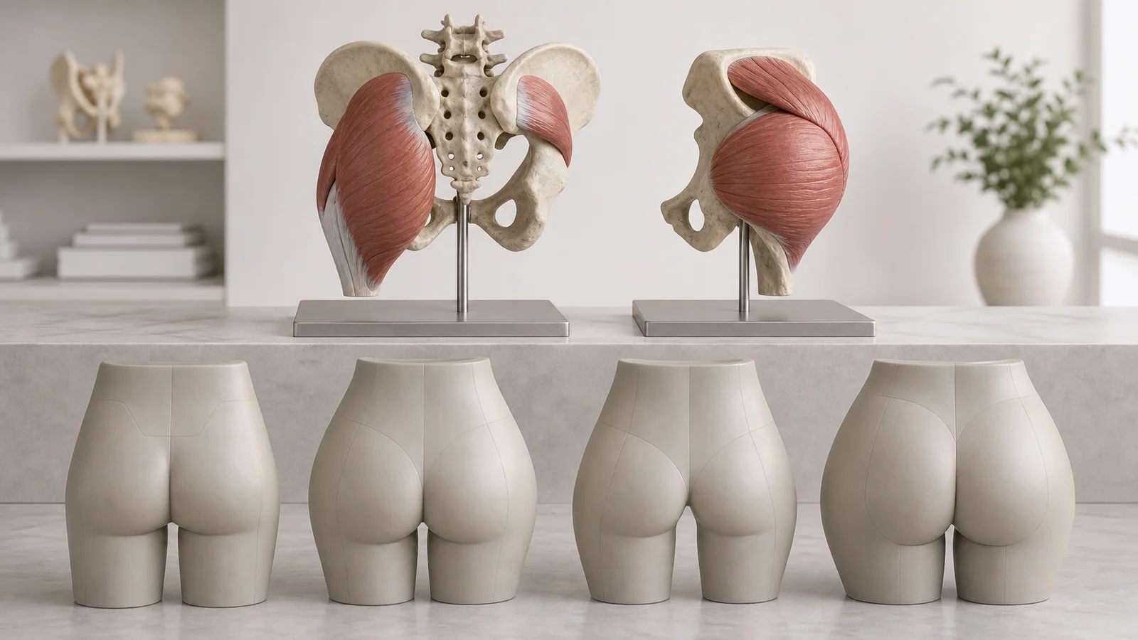 Modelos anatômicos dos morfotipos glúteos com pelve e musculatura para planejamento de harmonização