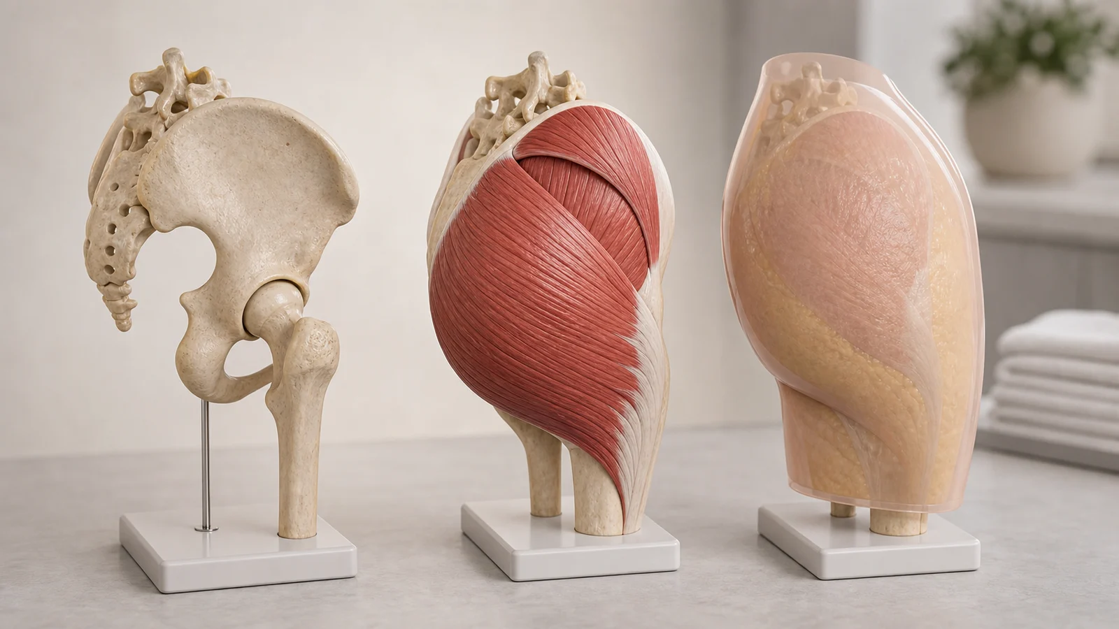 Modelos anatômicos mostrando pelve, musculatura glútea e tecido subcutâneo como determinantes do formato