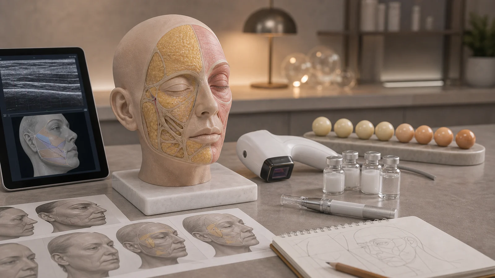 Planejamento de tratamento facial pós-GLP-1 com modelo anatômico, HIFU, bioestimuladores e microagulhamento para suporte, colágeno e qualidade de pele