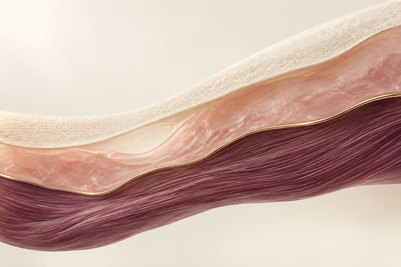Ilustração conceitual de camadas sobrepostas em marfim, rosa-quartzo e ameixa, sugerindo pele, tecido subcutâneo e músculo, com fibras finas em tom de ameixa na camada mais profunda.