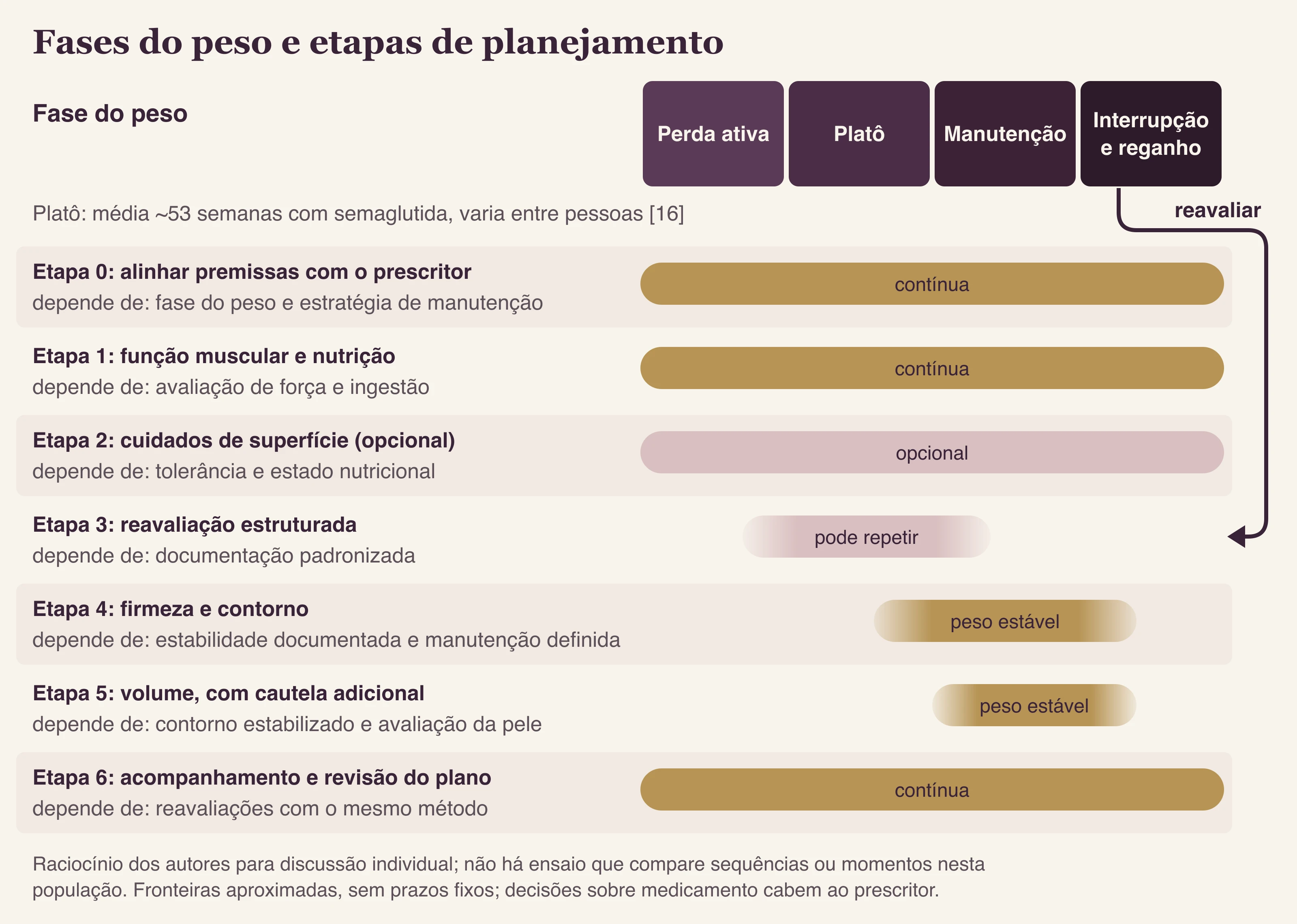 Diagrama com uma faixa de quatro fases do peso e, abaixo, barras de bordas esmaecidas indicando quando cada uma das sete etapas (0 a 6) costuma entrar na discussão do plano estético, com seta de retorno da fase de reganho para a reavaliação.