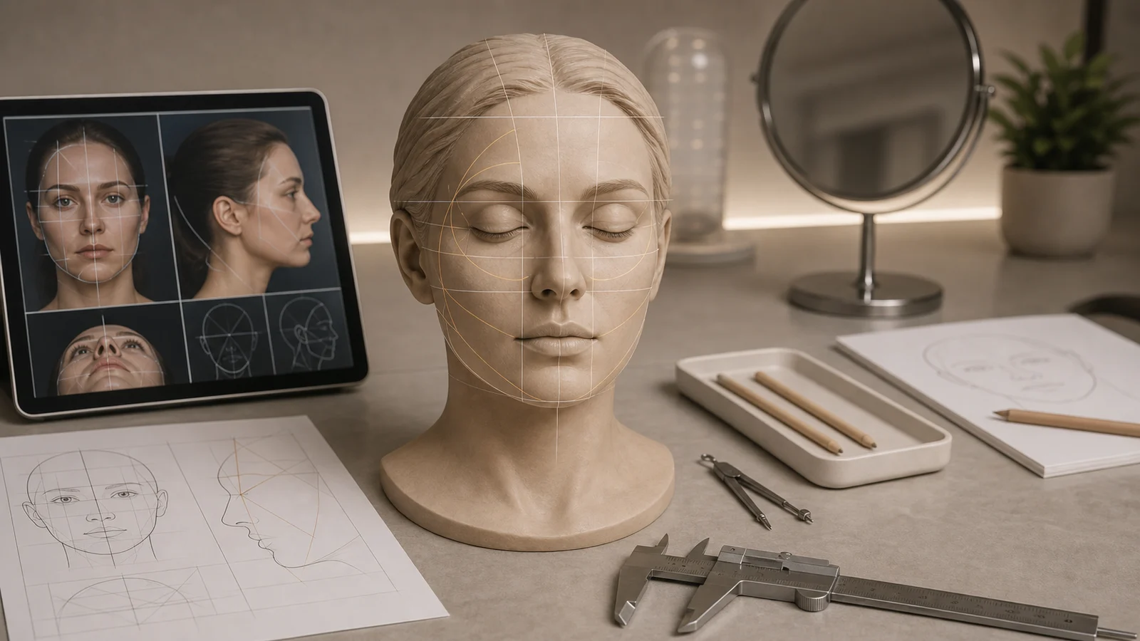 Planejamento facial com busto anatômico, fotografias padronizadas, caliper e folhas de análise de proporções antes de procedimentos injetáveis