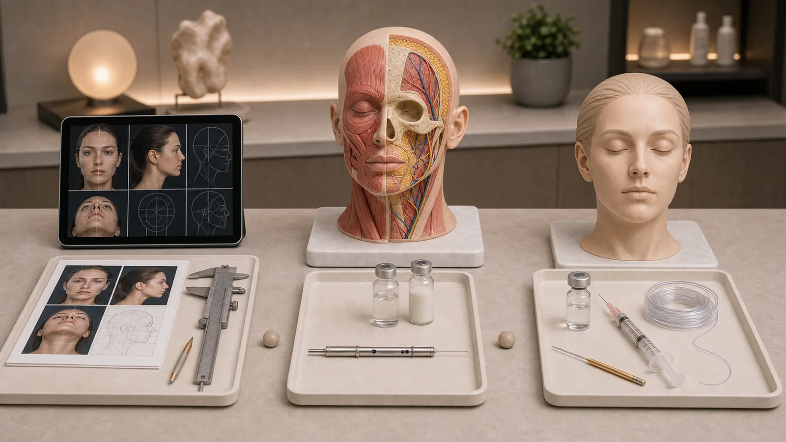 Sequenciamento visual sem texto da harmonização facial integrada em três etapas: diagnóstico facial, suporte estrutural e refinamento final