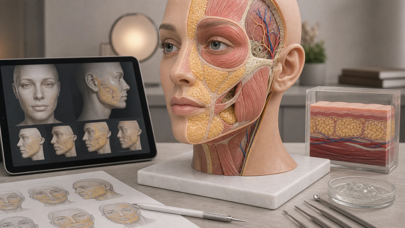 Modelo anatômico facial em camadas mostrando pele, compartimentos de gordura, músculos, vasos e suporte estrutural para harmonização facial integrada