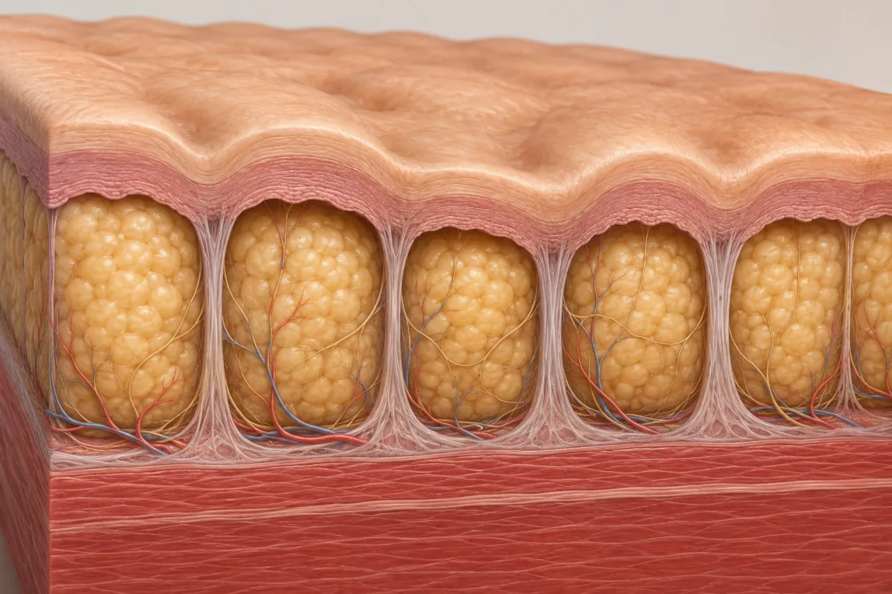 Corte anatômico da celulite com septos fibrosos, gordura subcutânea e superfície irregular da pele
