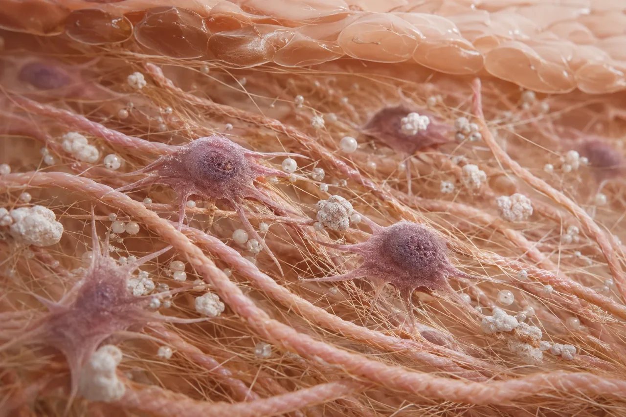 Representação microscópica da bioestimulação de colágeno no tecido subcutâneo