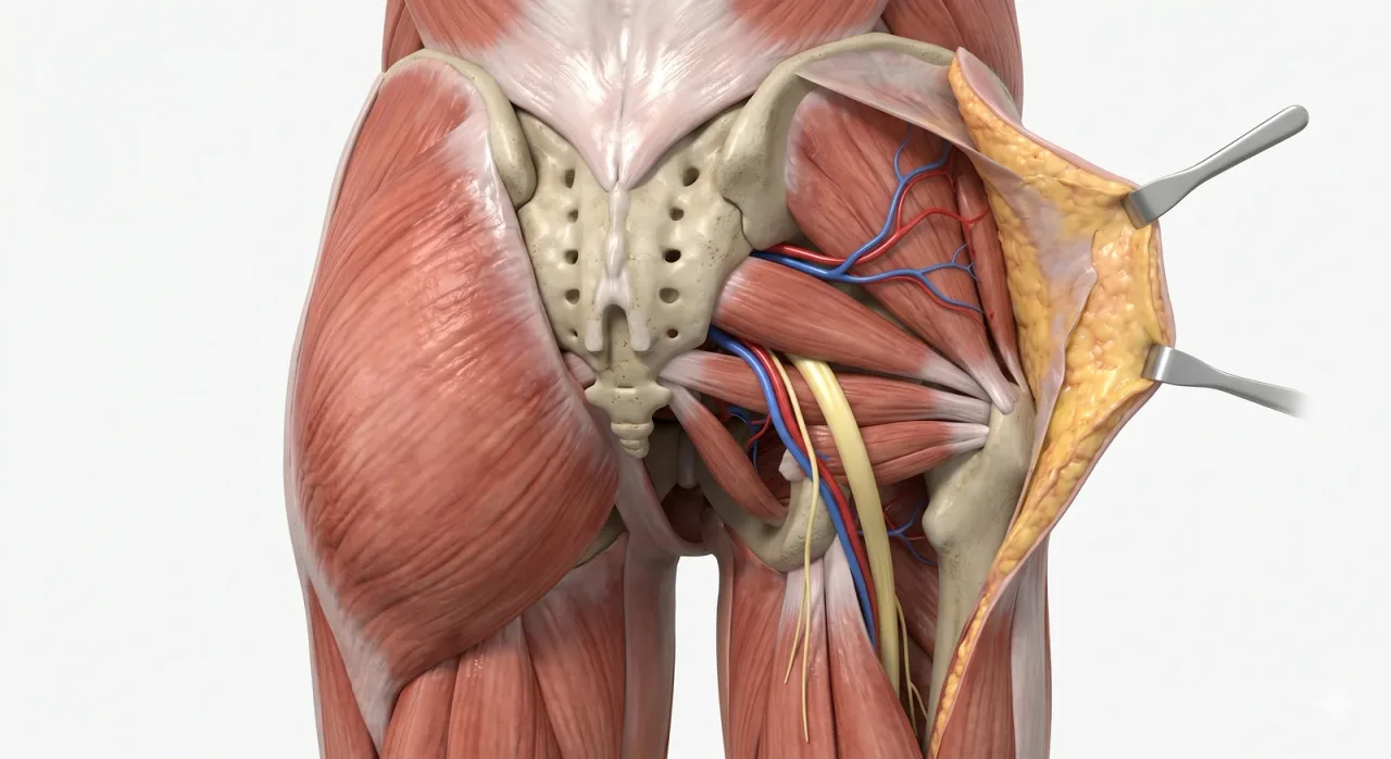 Anatomia glútea profunda com músculo, osso, gordura subcutânea, vasos e nervos
