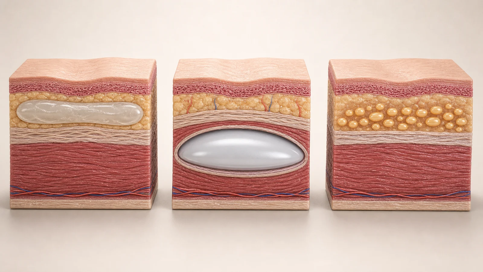 Comparação anatômica dos planos de harmonização glútea, prótese de silicone e BBL com gordura no subcutâneo