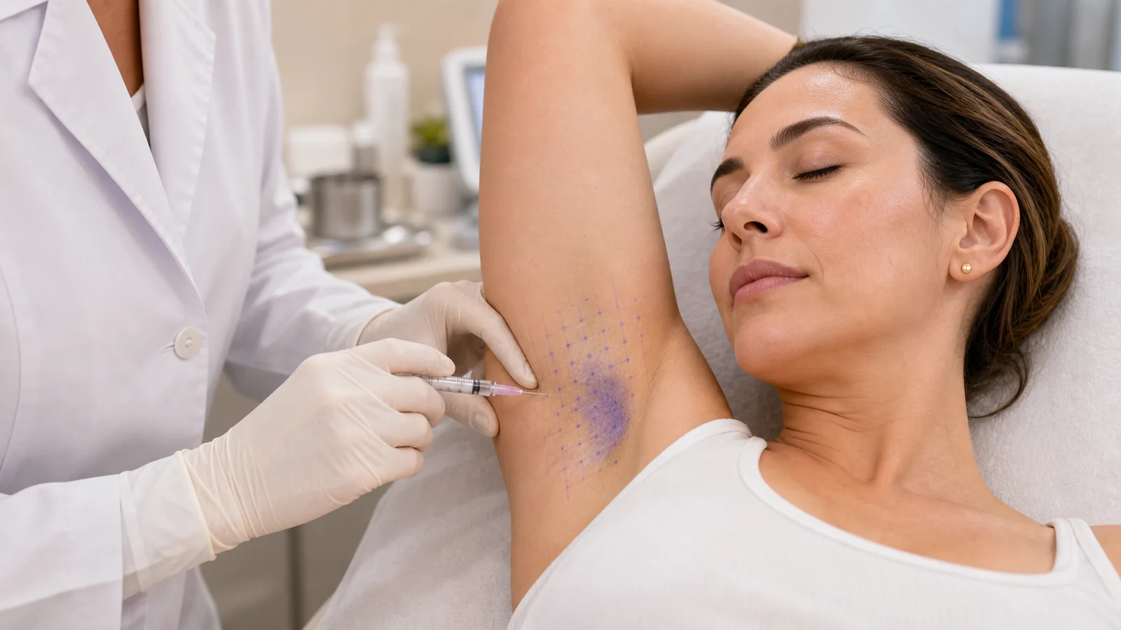 Aplicação intradérmica de toxina botulínica em grade para hiperidrose axilar após teste de Minor