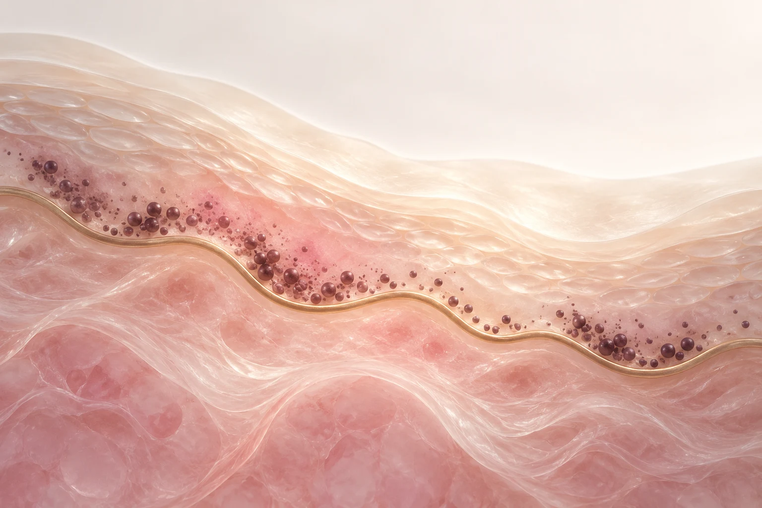 Ilustração conceitual de camadas de pele estilizadas com pequenos grânulos de pigmento acumulados perto de uma membrana ondulada.
