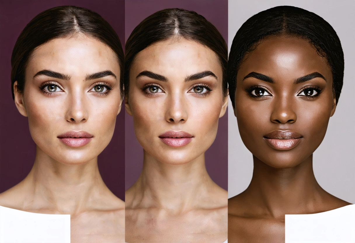 Três retratos lado a lado de mulheres fictícias com diferentes tons de pele.