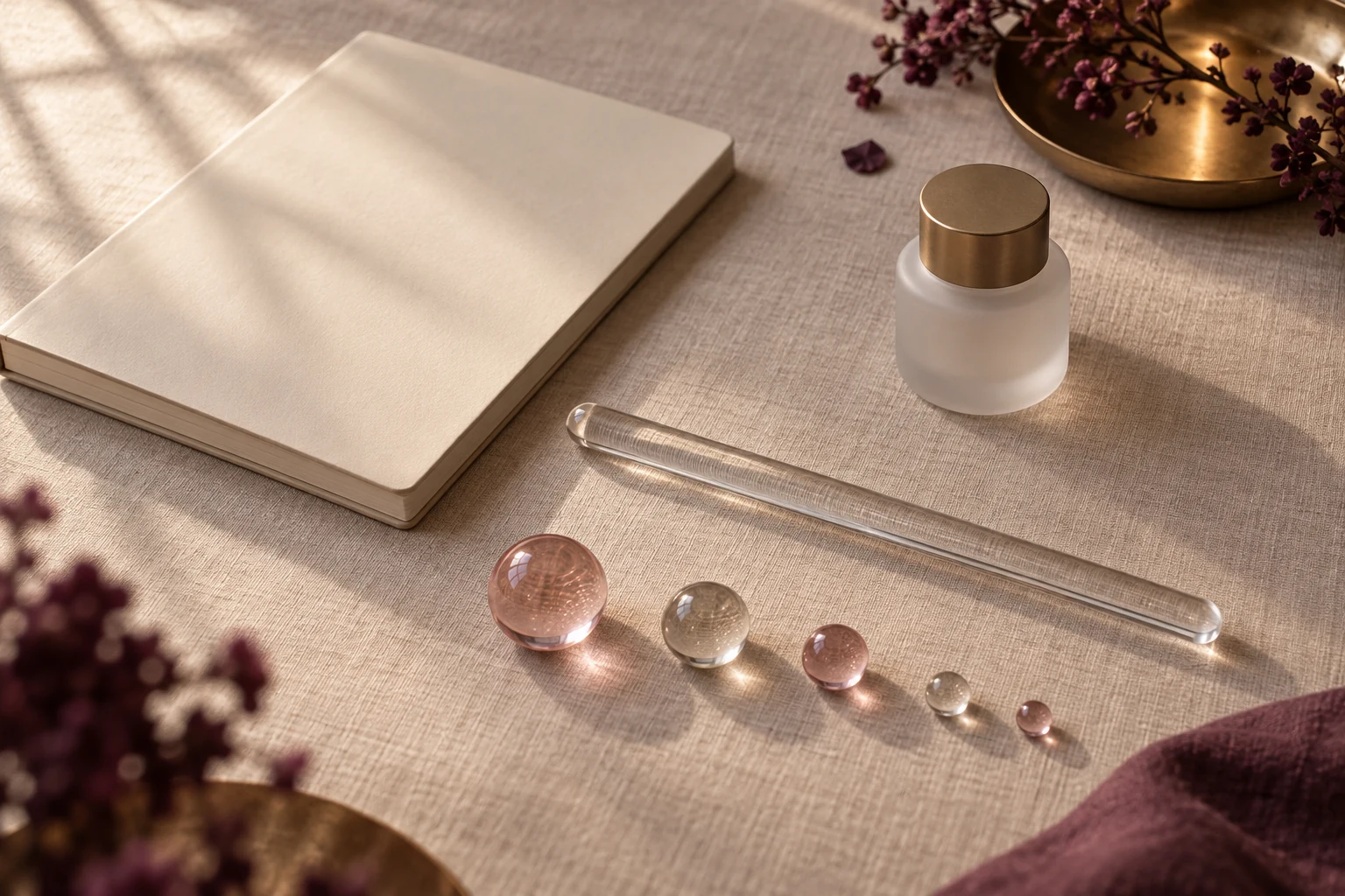Natureza-morta com caderno de registro em branco, régua de vidro e esferas translúcidas sobre superfície marfim, em luz suave.