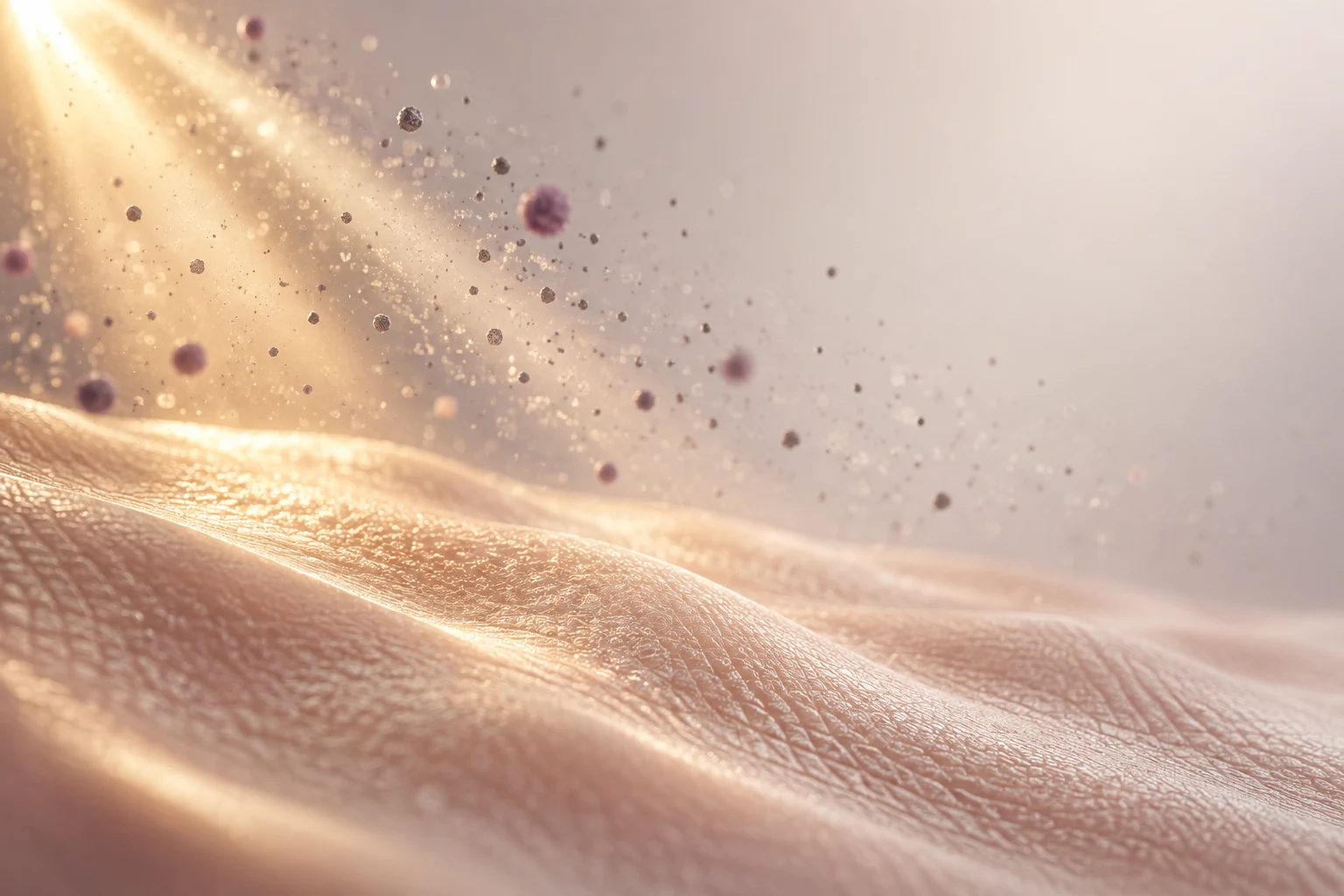 Composição abstrata de luz solar dourada e partículas finas suspensas sobre uma superfície marfim texturizada.