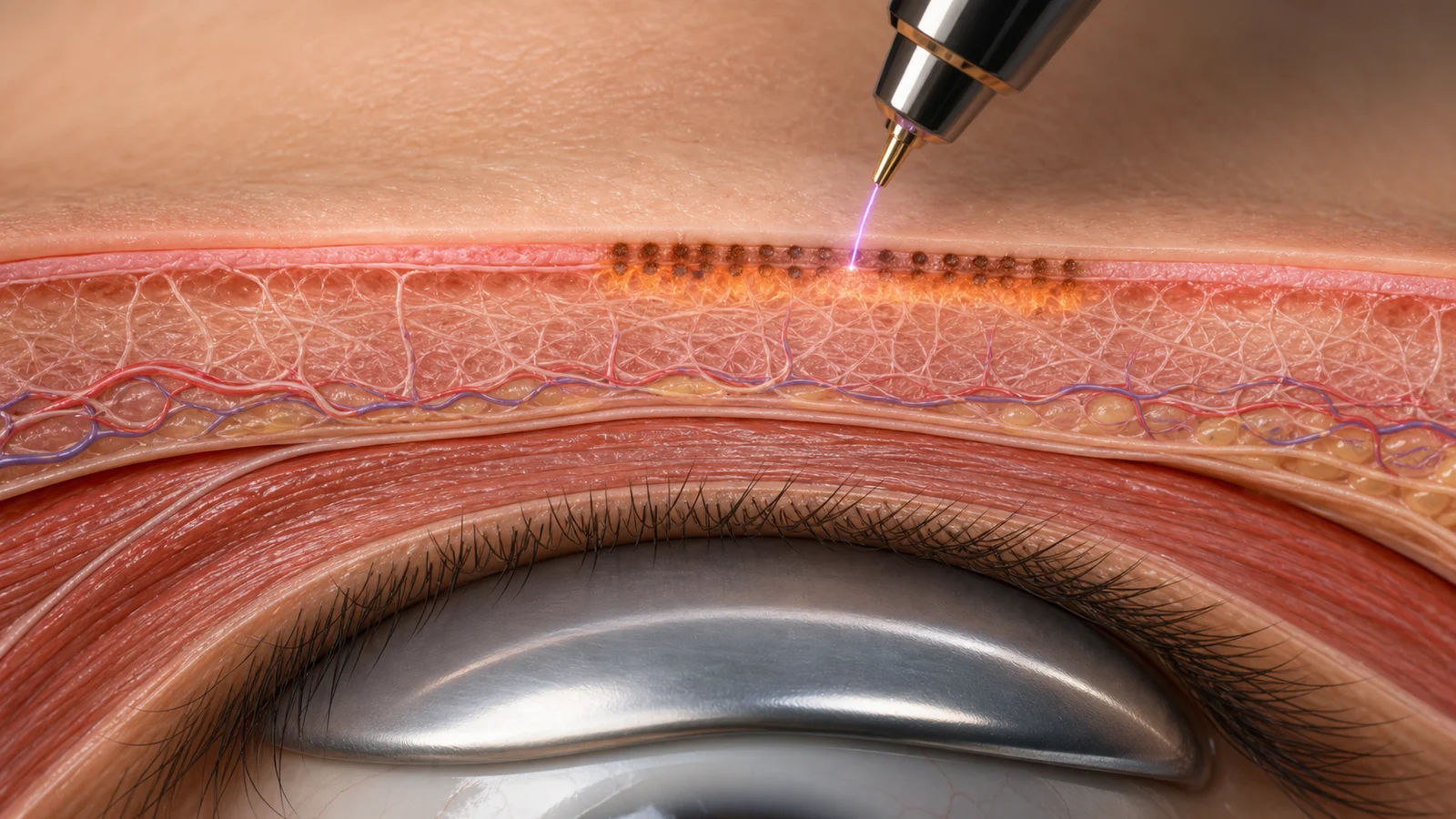 Corte anatômico da pálpebra mostrando sublimação superficial por jato de plasma com escudo ocular protegendo o globo ocular