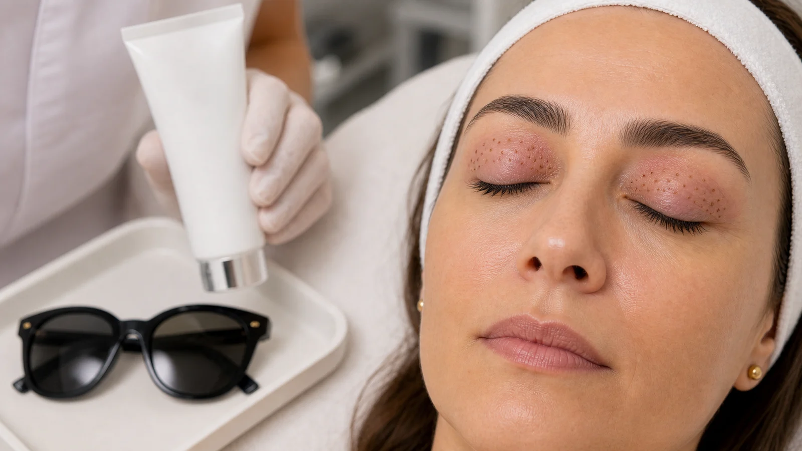 Recuperação após jato de plasma palpebral com microcrostas secas, edema leve e itens de fotoproteção em bandeja clínica