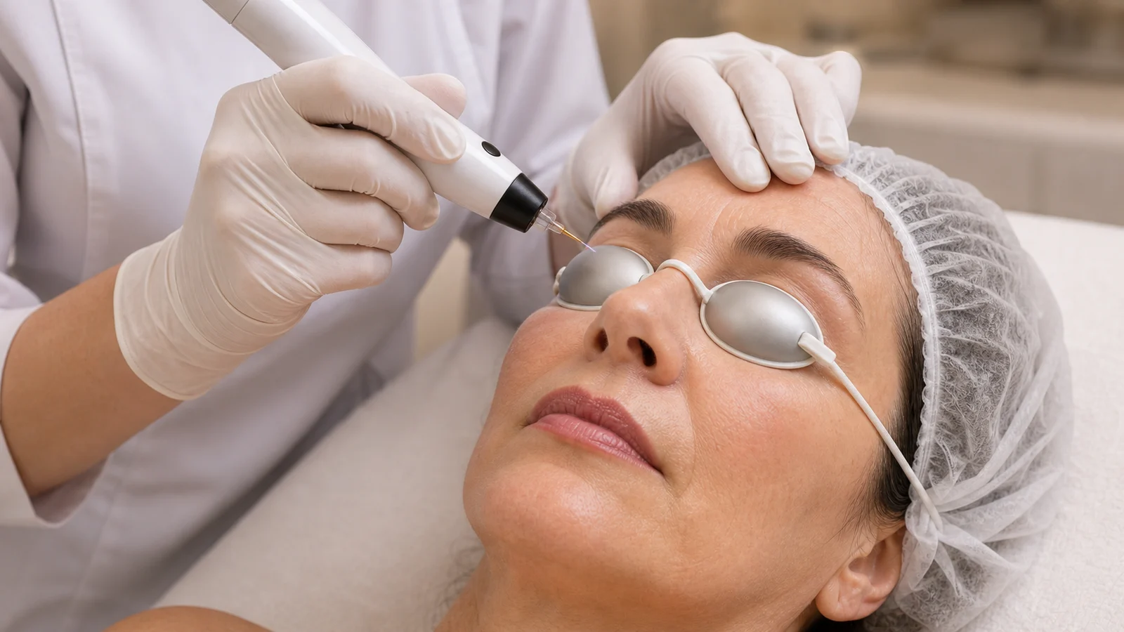 Aplicação clínica de jato de plasma em pálpebra superior com proteção ocular opaca e ponteira sem tocar o olho