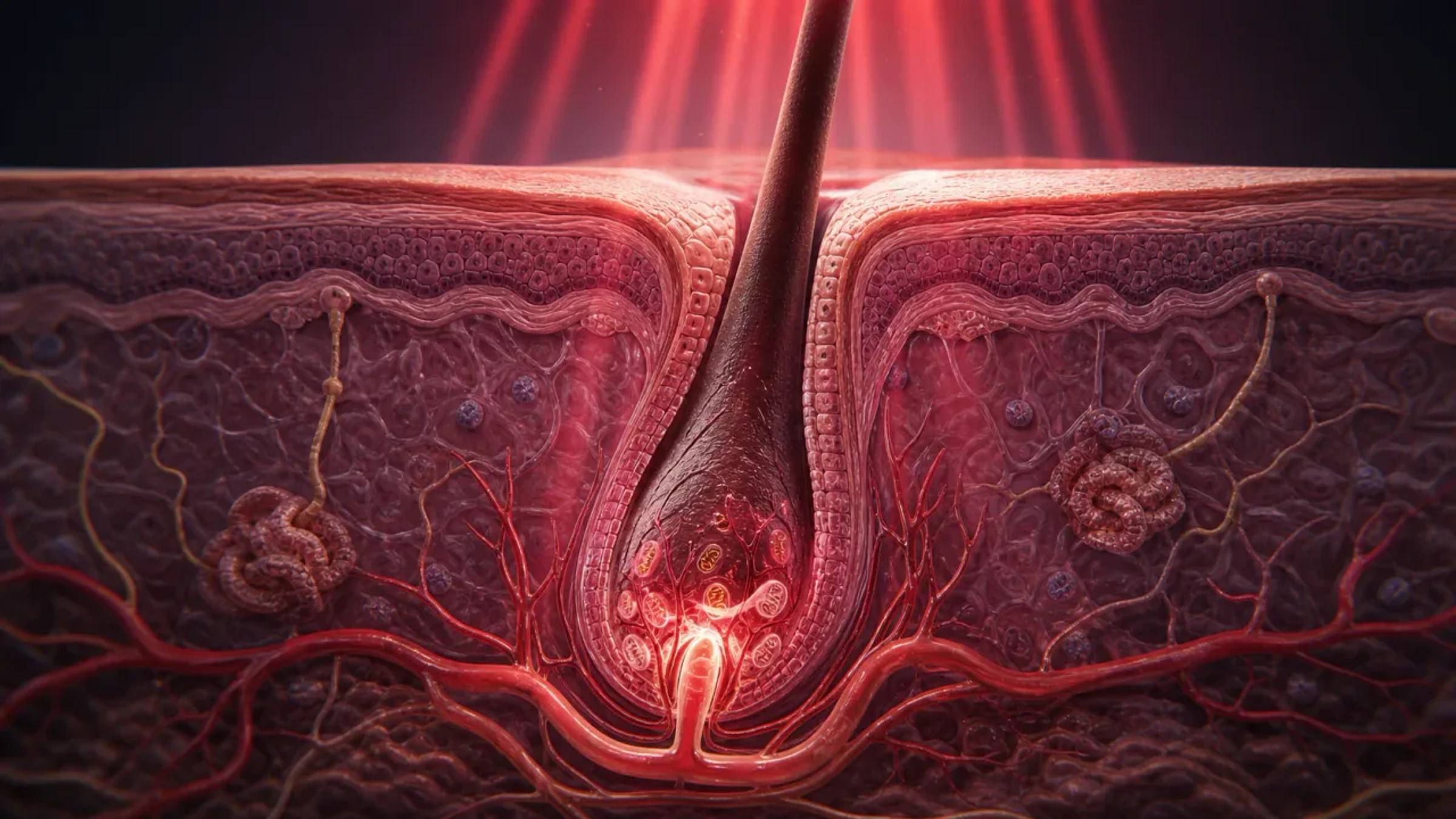 Luz vermelha alcançando o bulbo folicular e estimulando mitocôndrias na papila dérmica