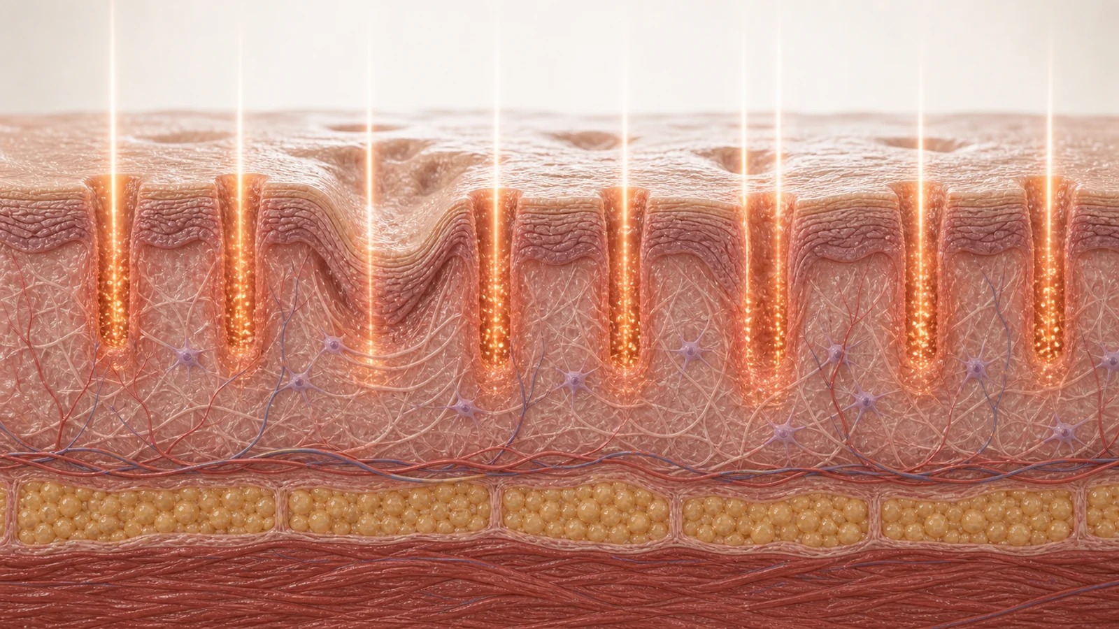 Corte anatômico mostrando microcolunas ablativas do laser CO2 fracionado em cicatrizes atróficas e remodelação de colágeno