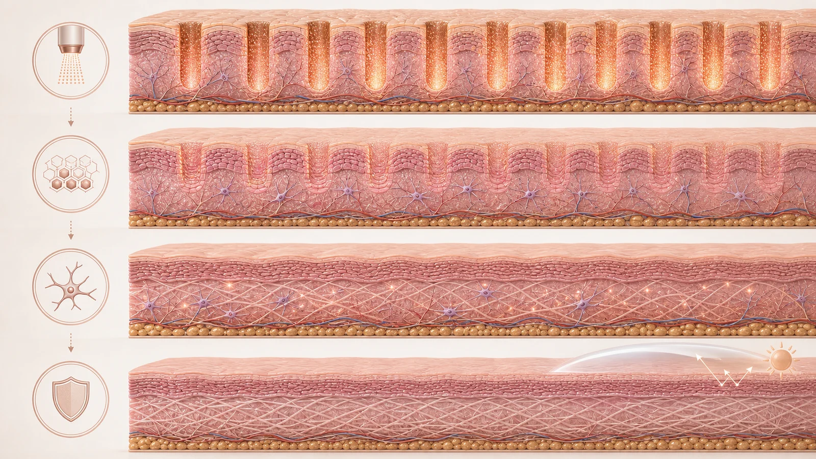 Sequência visual da recuperação após laser CO2 fracionado com microcrostas, reepitelização, colágeno e fotoproteção