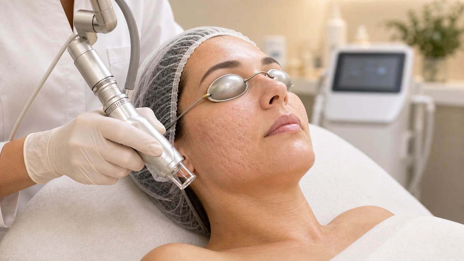 Sessão clínica de laser CO2 fracionado em pele com cicatrizes atróficas de acne, com proteção ocular