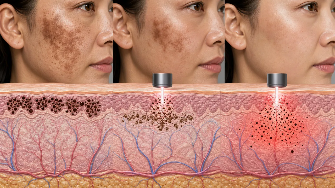 Corte anatômico mostrando pigmento em diferentes profundidades e ação de lasers ultracurtos