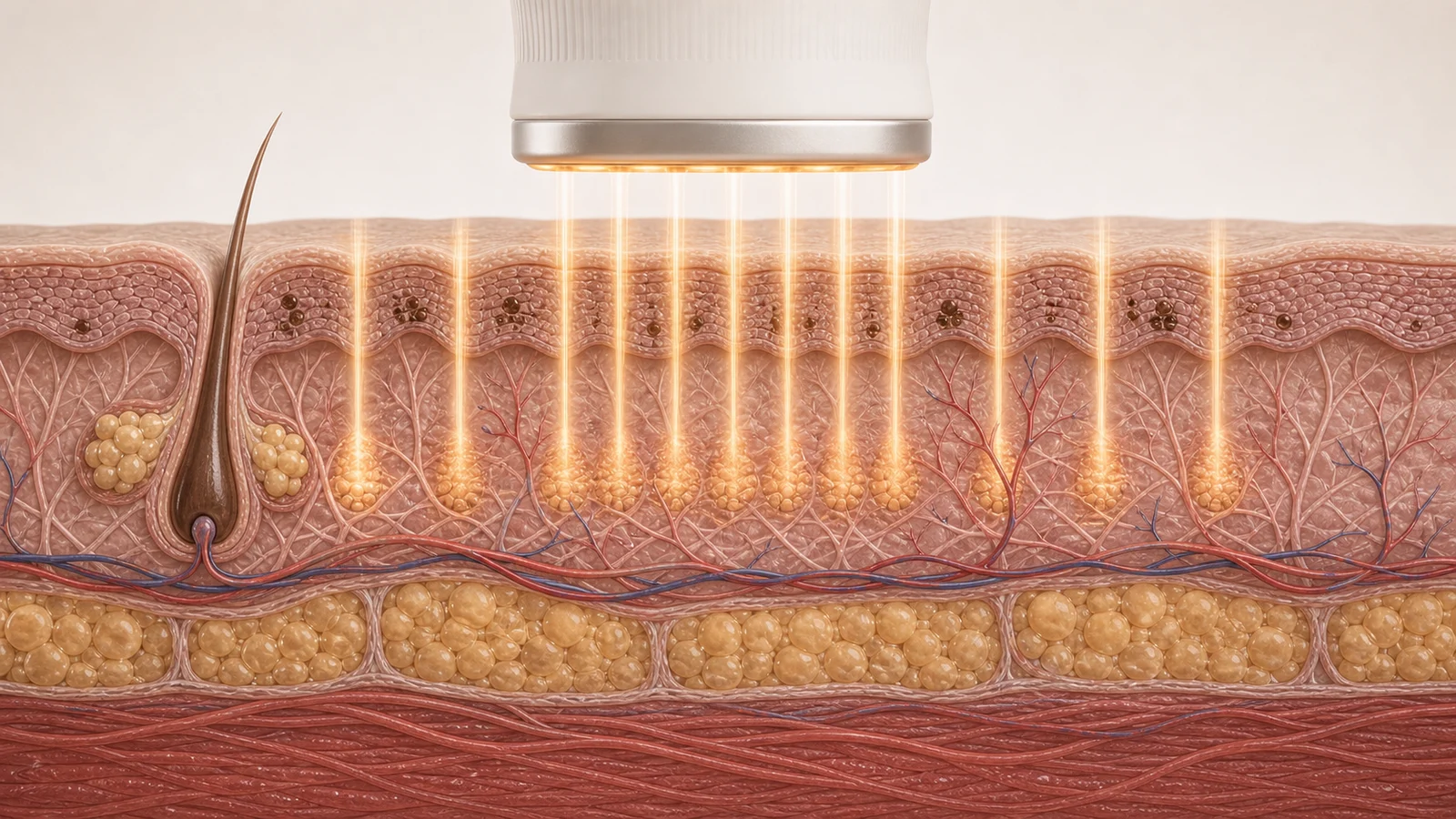 Corte anatômico mostrando microfeixes de thulium 1927nm atuando no pigmento epidérmico, poros e derme superficial