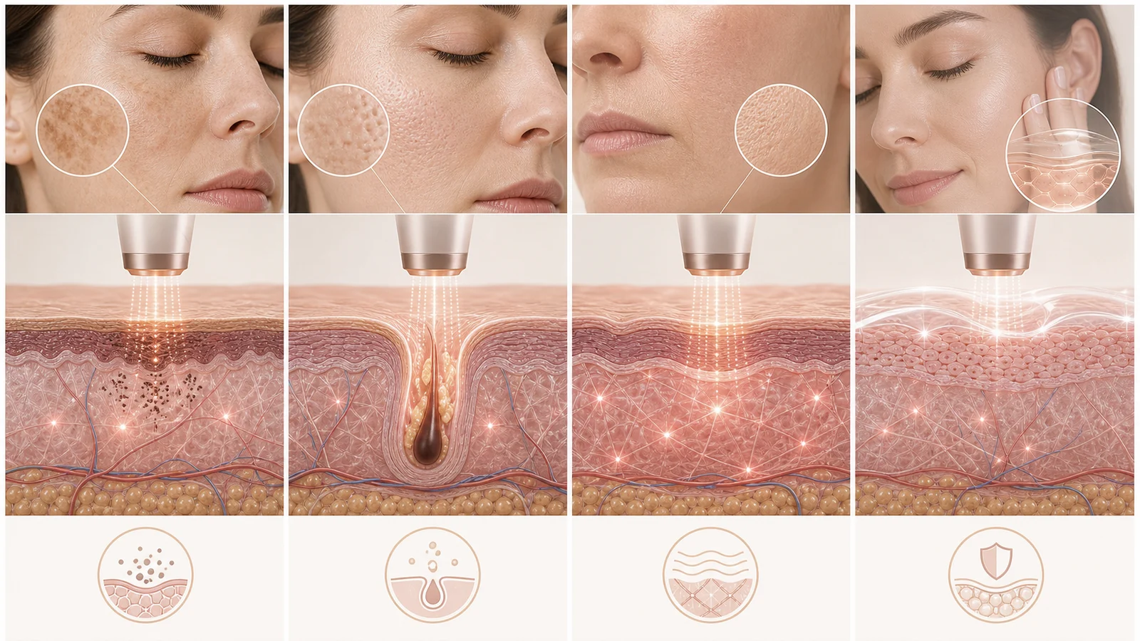Mapa visual de indicações do Lavieen BB Laser para melasma, poros, textura e manutenção com fotoproteção